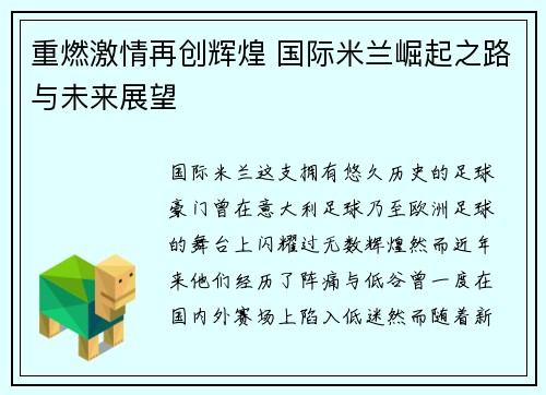 重燃激情再创辉煌 国际米兰崛起之路与未来展望